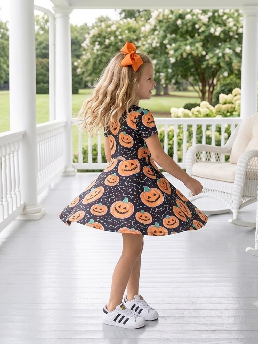 Girls Halloween Pumpkin Print Dress - Orange and Black
